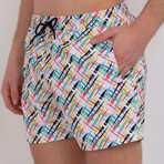 Fisher Abstract Print Swim Short // White + Multicolor (XL)