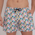 Fisher Abstract Print Swim Short // White + Multicolor (XL)