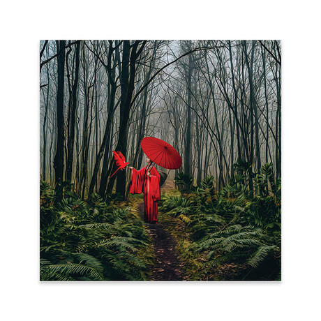 A Girl In A Red Kimono Feeds A Bird From Her Hand Print // Ievgeniia Bidiuk (24"H x 24"W x 0.25"D)