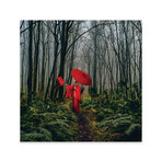 A Girl In A Red Kimono Feeds A Bird From Her Hand Print // Ievgeniia Bidiuk (24"H x 24"W x 0.25"D)