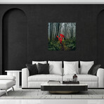 A Girl In A Red Kimono Feeds A Bird From Her Hand Print // Ievgeniia Bidiuk (24"H x 24"W x 0.25"D)