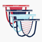 Stretch Jock Strap 4-Pack // Blue Topaz + Star Print + Rasberry Wine + Americana Pop (S)