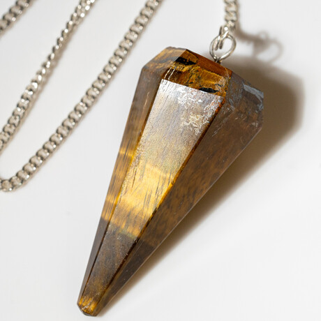 Genuine Polished Tiger's Eye Pendulum + Chain With Black Velvet Pouch