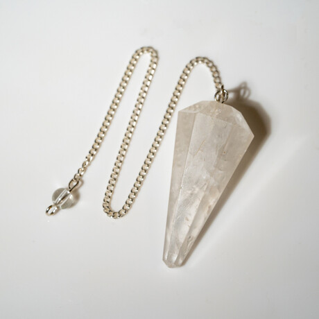 Genuine Polished Clear Quartz Pendulum + Chain With Black Velvet Pouch