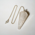 Genuine Polished Clear Quartz Pendulum + Chain With Black Velvet Pouch