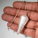 Genuine Polished Clear Quartz Pendulum + Chain With Black Velvet Pouch