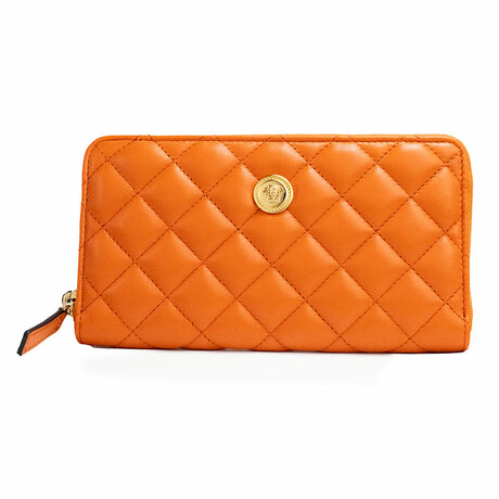 Large Quilted Smooth Leather Continental Clutch Zip Wallet // Orange