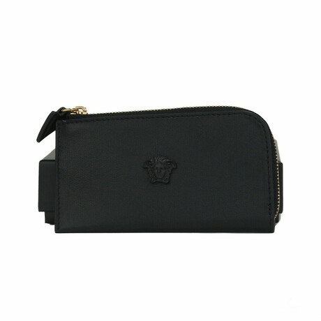 Small Smooth Leather Matte Medusa Organizer Zip Card Case  // Black