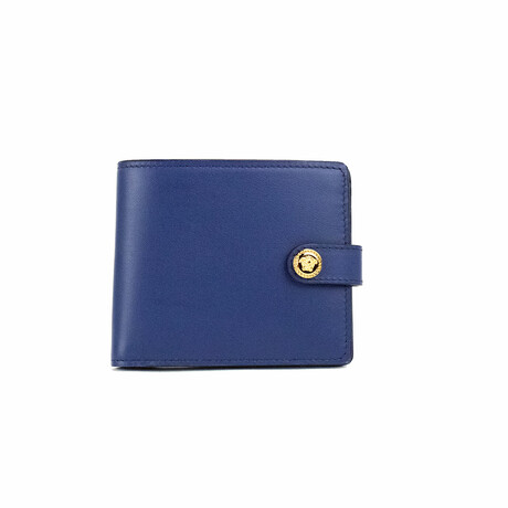 Compact Smooth Leather Gold Toned Medusa Snap Bifold Wallet // Blue