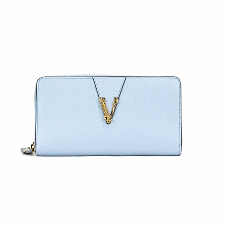 Large Cornflower Grainy Leather Gold Monogram Zip Around Clutch Wallet // Blue