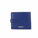 Compact Smooth Leather Gold Toned Medusa Snap Bifold Wallet // Blue