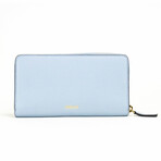 Large Cornflower Grainy Leather Gold Monogram Zip Around Clutch Wallet // Blue