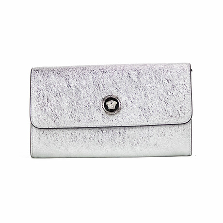 Small Lamb Leather Evening Clutch Crossbody Wallet Bag // Silver