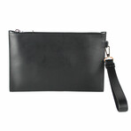 Small Smooth Leather Embroidered Heart Patch Logo Pouch Wristlet Clutch // Black