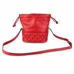 Quilted Leather Drawstring Shoulder Bag Bucket Crossbody Handbag // Red