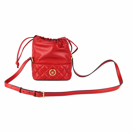 Quilted Leather Drawstring Shoulder Bag Bucket Crossbody Handbag // Red