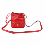 Quilted Leather Drawstring Shoulder Bag Bucket Crossbody Handbag // Red