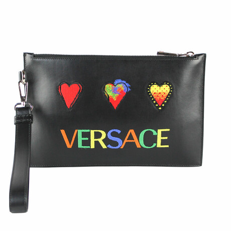 Small Smooth Leather Embroidered Heart Patch Logo Pouch Wristlet Clutch // Black