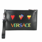 Small Smooth Leather Embroidered Heart Patch Logo Pouch Wristlet Clutch // Black