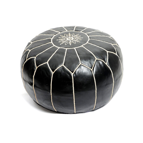 Black Leather White Embroidered Moroccan Pouf