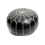 Black Leather White Embroidered Moroccan Pouf