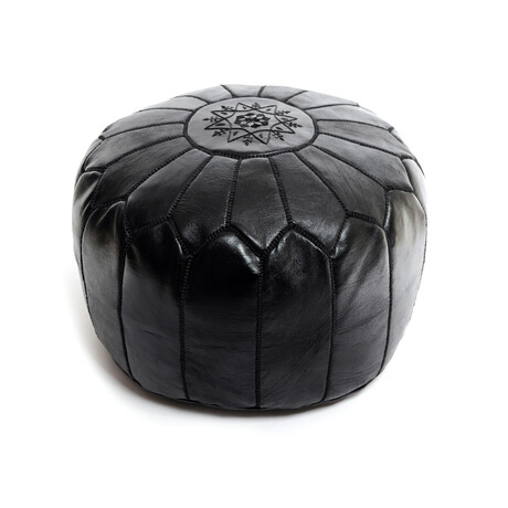 Black Leather Embroidered Moroccan Pouf