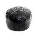 Black Leather Embroidered Moroccan Pouf