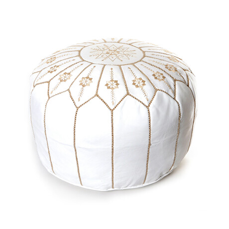 White Flower Leather Embroidered Moroccan Pouf