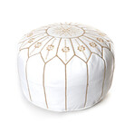 White Flower Leather Embroidered Moroccan Pouf