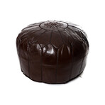 Brown Leather Embroidered Moroccan Pouf