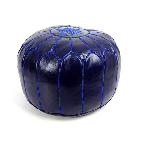 Royal Blue Leather Embroidered Moroccan Pouf