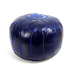 Royal Blue Leather Embroidered Moroccan Pouf
