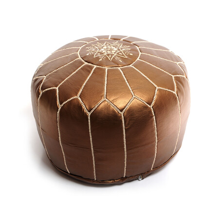 Bronze Ski Leather Embroidered Moroccan Pouf