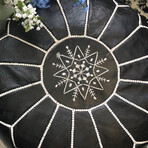 Black Leather White Embroidered Moroccan Pouf
