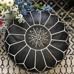 Black Leather White Embroidered Moroccan Pouf