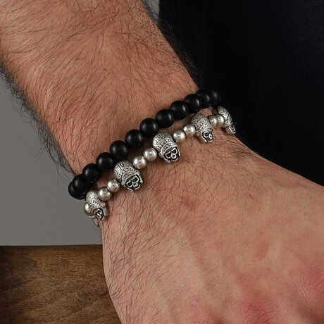 Hand Made Double Stretch Glass + Metal Skull Bracelet Set // Black + Silvertone