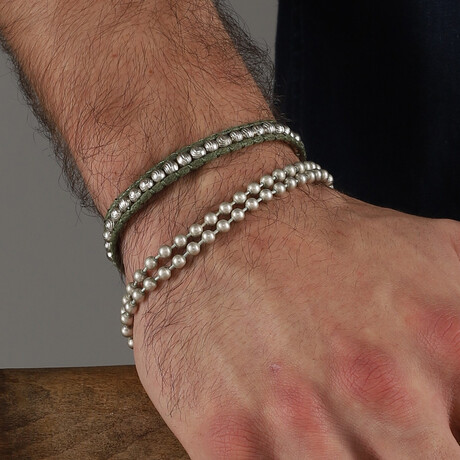 Hand Made Double Bracelet Set // Green + Silvertone