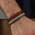 Hand Made Double Brown Leather + Glass Beads Bracelet Set // Brown