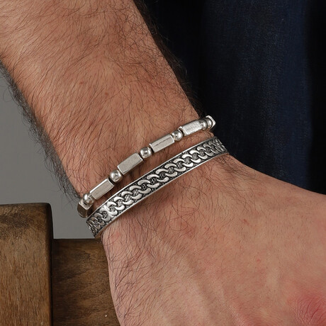 Hand Made Double Bracelet + Cuff Set // Silver