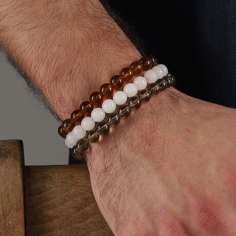 Hand Made Triple Stretch Bracelet Set // Brown + White