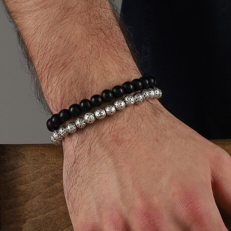 Hand Made Double Stretch Bracelet Set // Black + Silvertone
