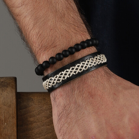 Hand Made Double Leather + Glass Beads Bracelet Set // Black + White