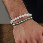 Hand Made Double Bracelet Set // Green + White + Silvertone