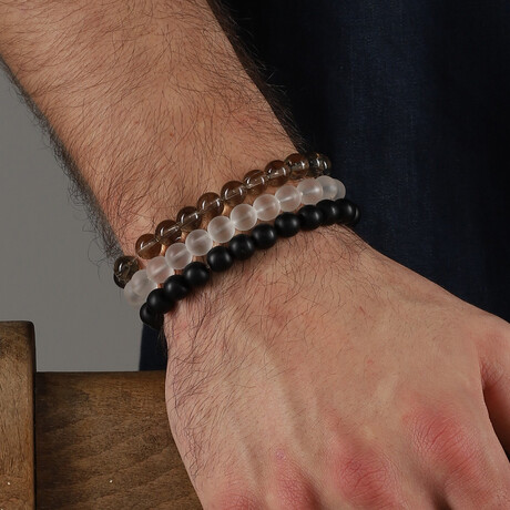 Hand Made Triple Stretch Bracelet Set // Black + White + Smoked