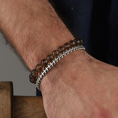 Hand Made Double Bracelet Set // Silvertone + Smoked