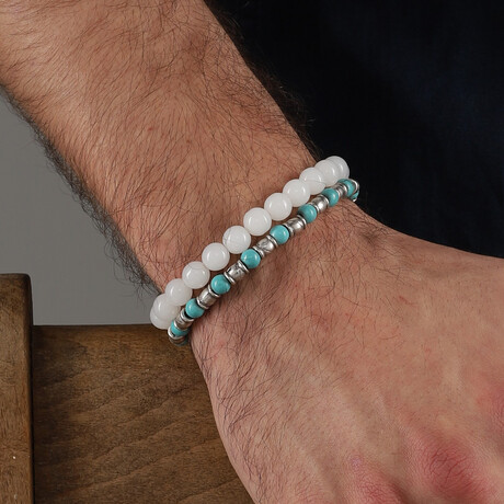 Hand Made Stretch Double Bracelet Set // White + Turquoise + Silvertone