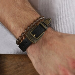 Hand Made Double Leather + Glass Beads Bracelet Set // Black + Smoked