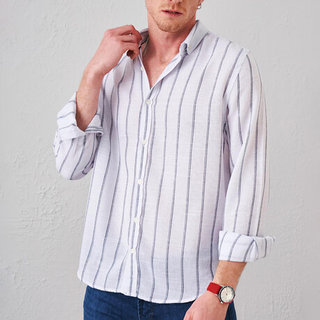 Striped Button-Up // White + Navy Blue (S)