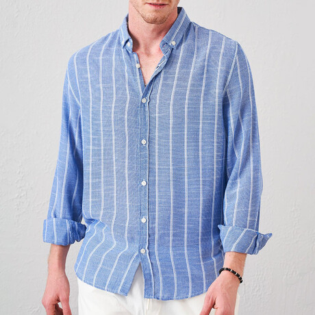 Striped Button-Up // Navy Blue + White (S)