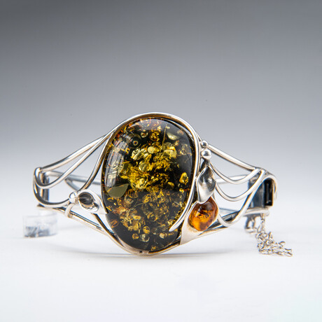 Genuine Sterling Silver and Golden Amber Bangle Bracelet // v.1